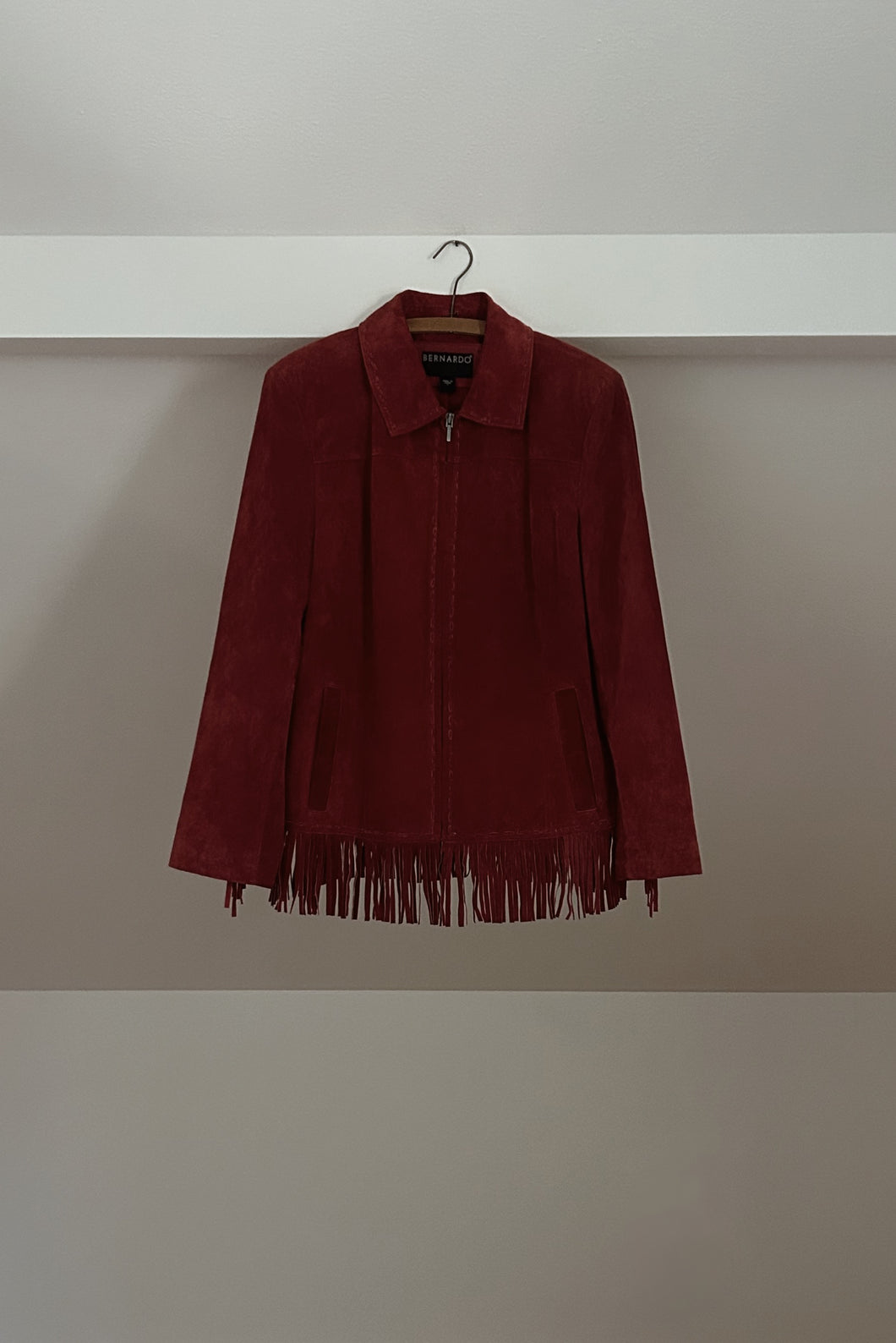 1990's BERNARDO RED SUEDE FRINGE JACKET | SIZE M/L