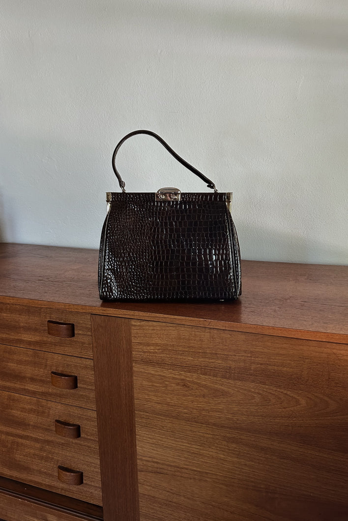 1960's MOD CHOCOLATE PATENT REPTILE BAG