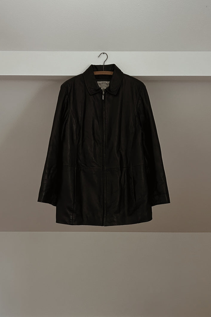 Y2K CLASSIC BUTTERY BLACK LEATHER LONG LINE JACKET | SIZE S/M