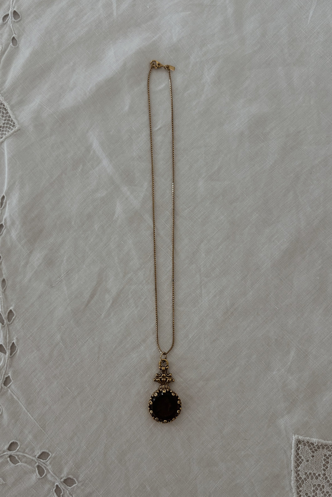 1970's GOLDETTE BRASS + GLASS CAMEO PENDANT ON GOLD FILL MONET CHAIN