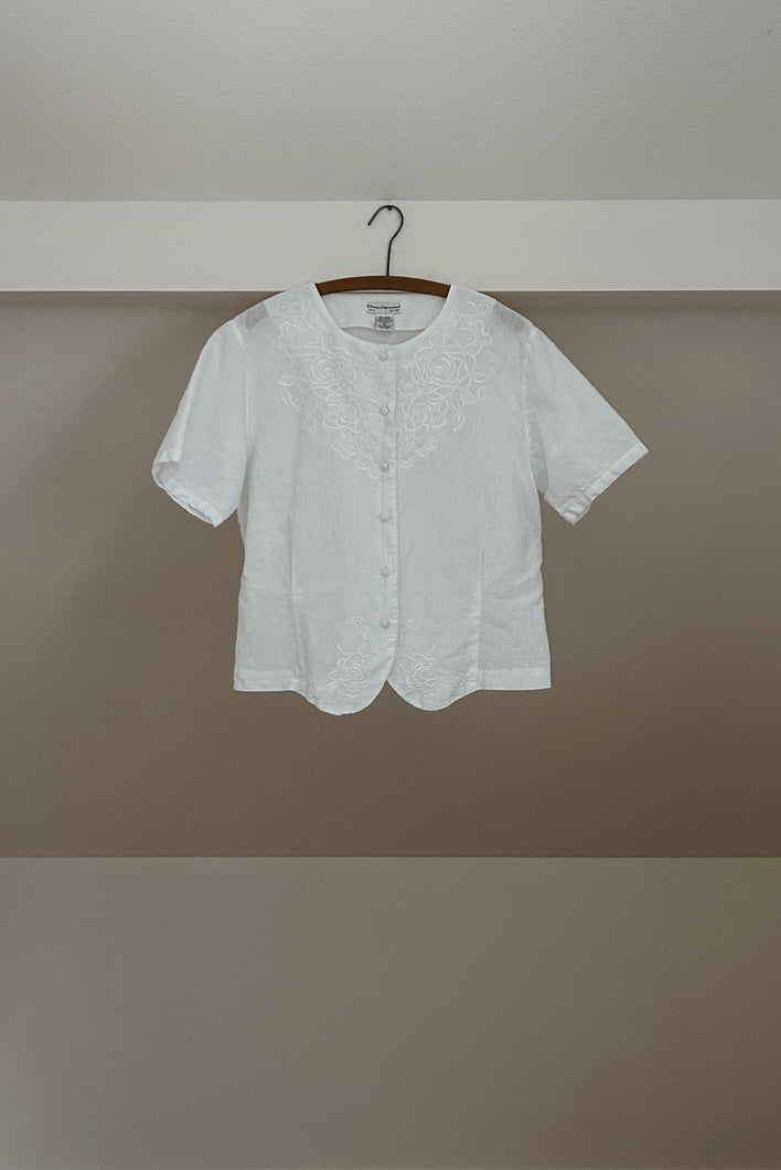 1980's FLORAL EMBROIDERED RAMIE COTTON PEPLUM TOP | SIZE L