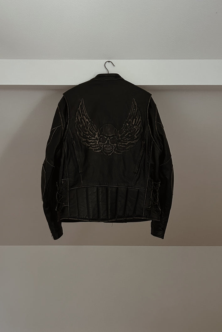 1990's DARK CHOCOLATE SKULL EMBOSSED HERITAGE LEATHER BIKER JACKET | SIZE L