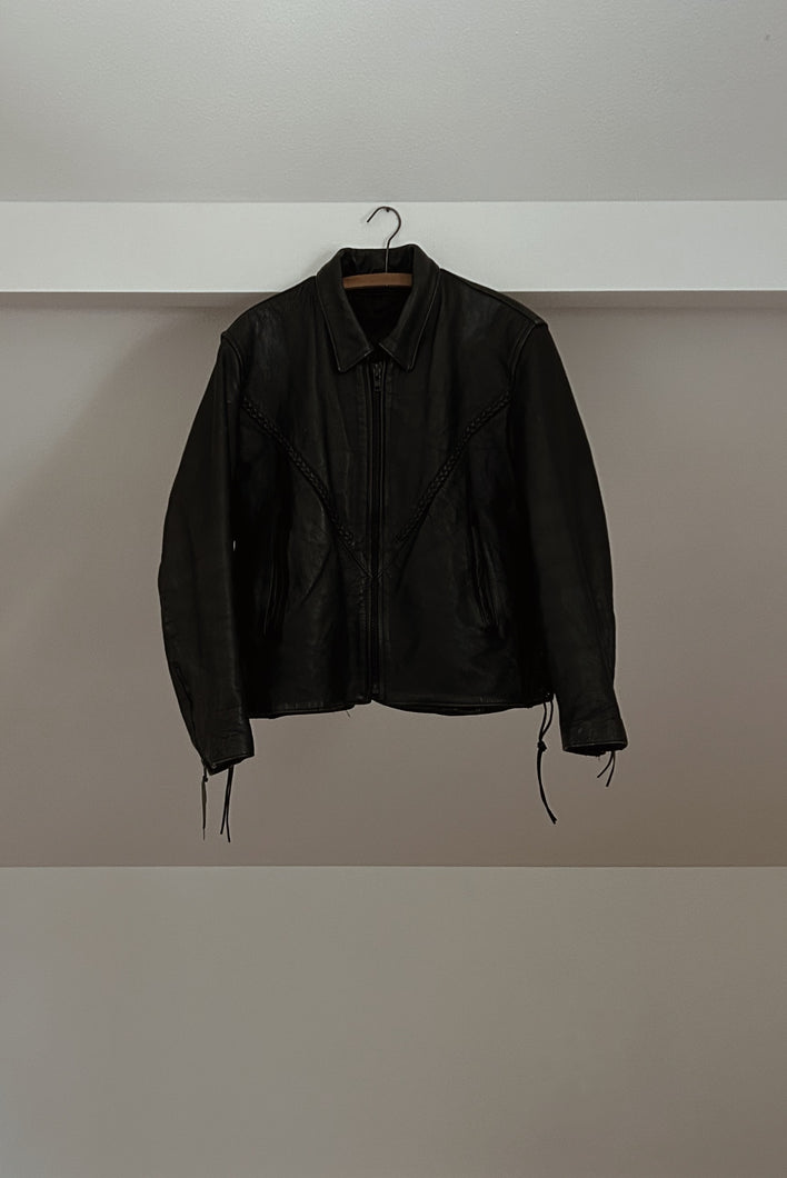 1980's BLACK BRAIDED LEATHER BIKER JACKET | SIZE M/L