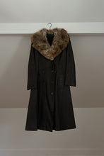 1960's MOD BLACK LEATHER TRENCH COAT | FUR COLLAR | SIZE S/M