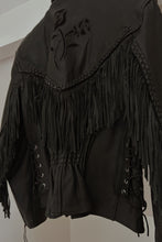 1980's BLACK FLORAL EMBOSSED BLACK BRAIDED FRINGE LEATHER BIKER JACKET | SIZE M