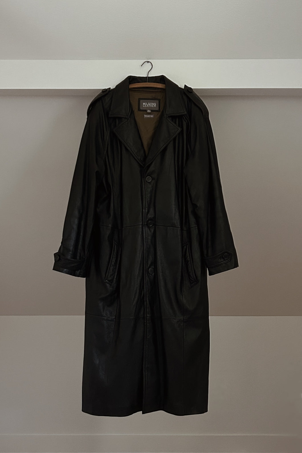 1990's WILSONS BLACK LEATHER TRENCH | REMOVABLE QUILTED LINING | SIZE L/XL