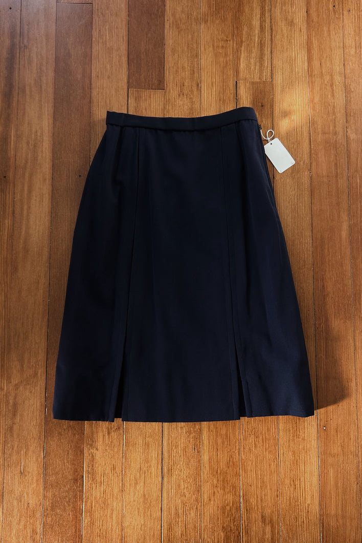 1970's NAVY WOOL PLEATED MIDI SKIRT | SIZE S