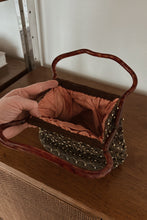 1960's GOLD BEADED OLIVE CORD KNIT BAG | LUCITE HANDLES | 8.5" x 6" x 3.5"