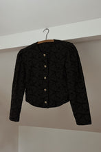 1980's BLACK LINEN EYELET EMBROIDERED PUFF SHOULDER JACKET | SIZE M