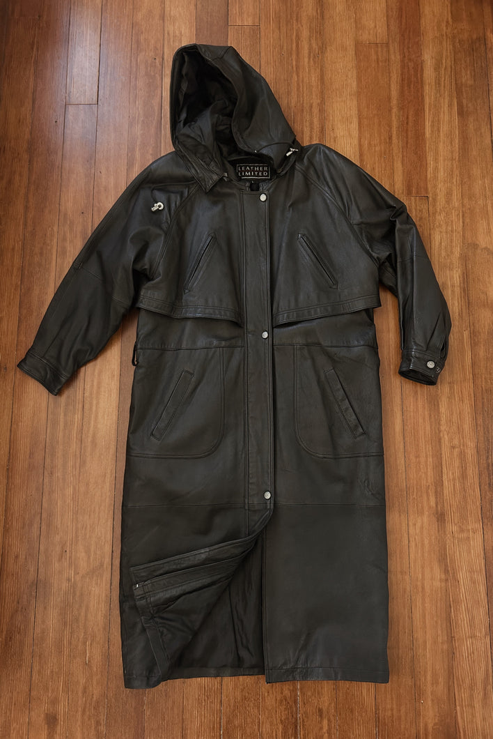 1990's BLACK LEATHER HOODED COAT | SIZE M/L