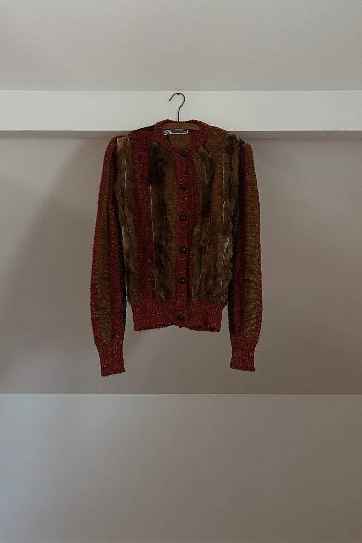1970's FLECK KNIT + FUR TRIM PUFF SHOULDER CARDIGAN | SIZE S/M