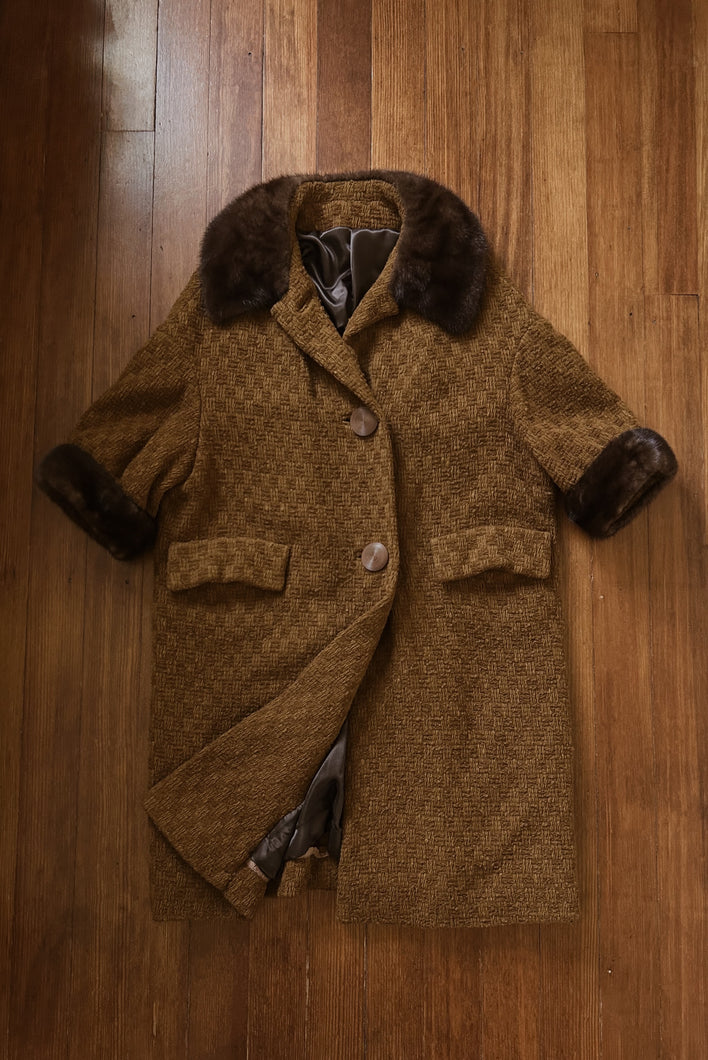1960's MOD OCHRE WOOL + FUR COAT | SIZE M