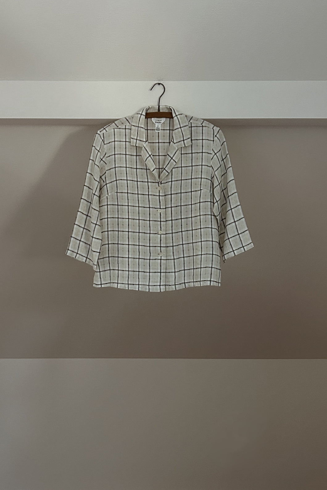 1990's IRISH LINEN WOVEN PLAID BUTTON BLOUSE | SIZE M