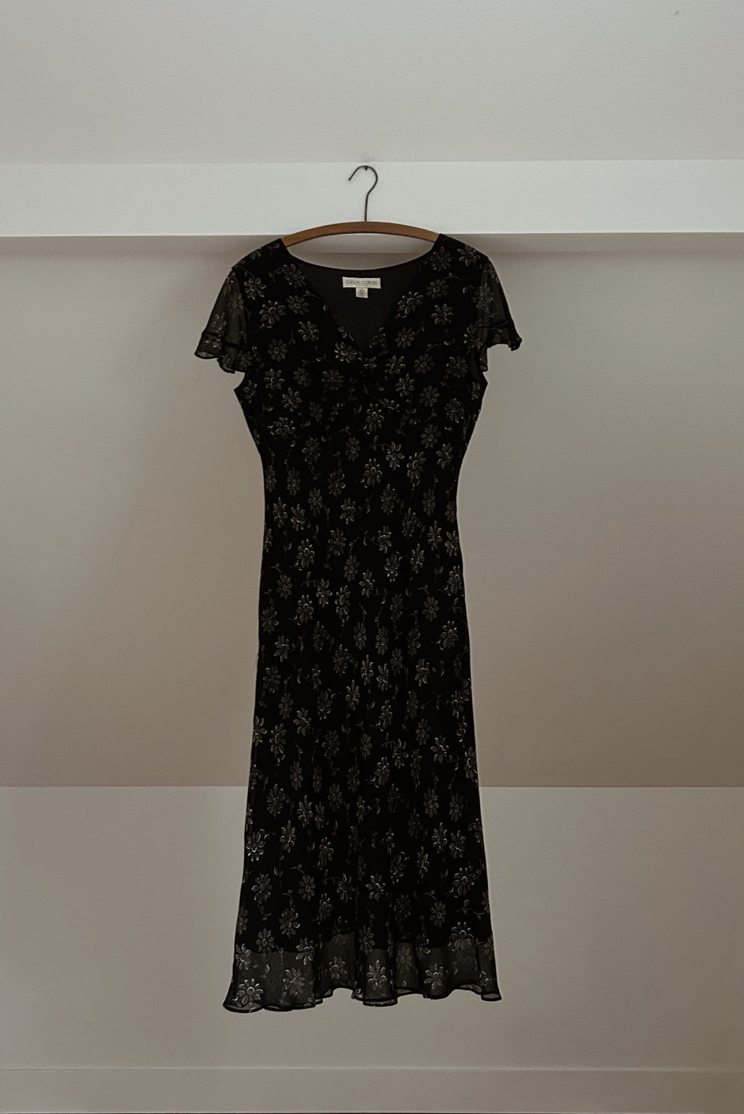 1990's PURE SILK BLACK FLORAL ORGAZA OVERLAY DRESS | SIZE M