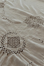 1940's LARGE EMBROIDERED ROUND LINEN TABLECLOTH | 62" DIAMETER