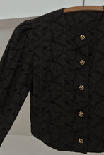 1980's BLACK LINEN EYELET EMBROIDERED PUFF SHOULDER JACKET | SIZE M