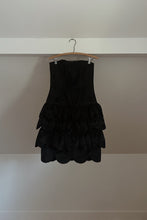 1980's VICTOR COSTA BLACK SATIN TIERED STRAPLESS DRESS | SIZE S