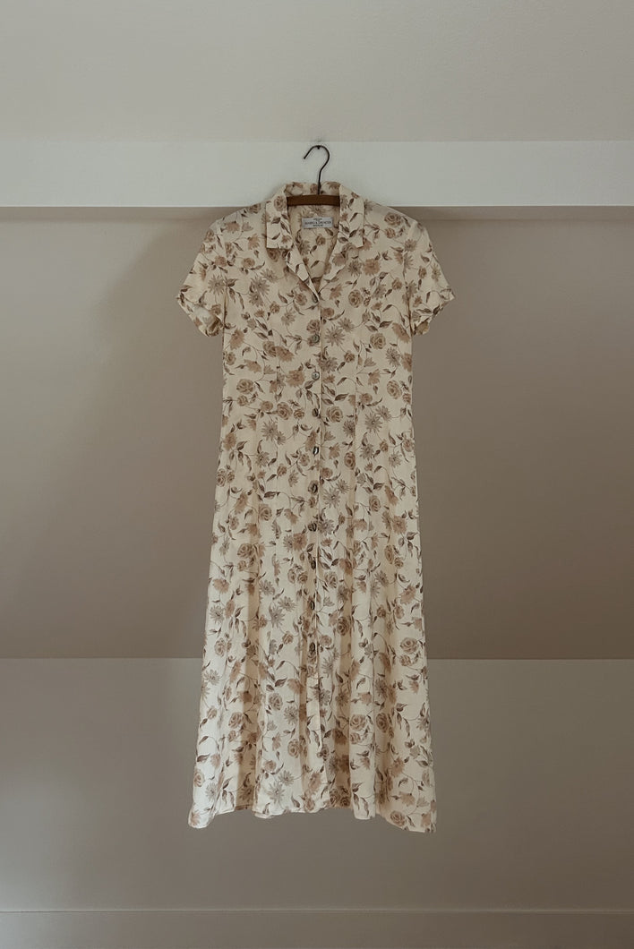 1990's CREAM FLORAL BUTTON DRESS | SIZE S