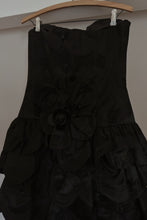 1980's VICTOR COSTA BLACK SATIN TIERED STRAPLESS DRESS | SIZE S