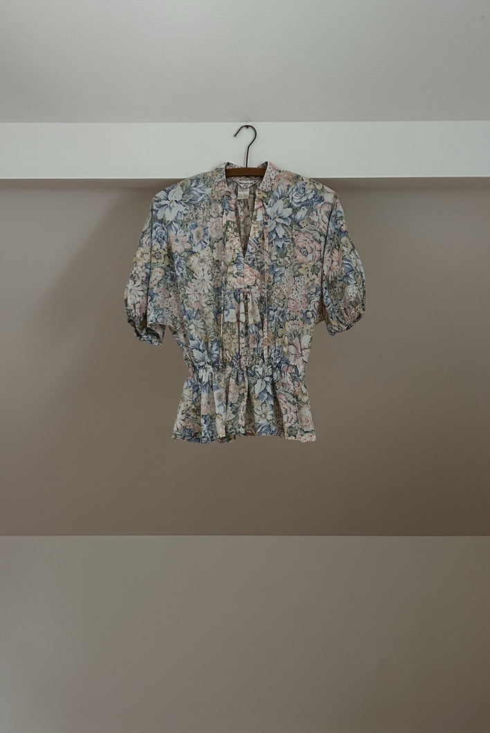 1970's FLORAL PUFF SLEEVE PEPLUM TOP | SIZE M