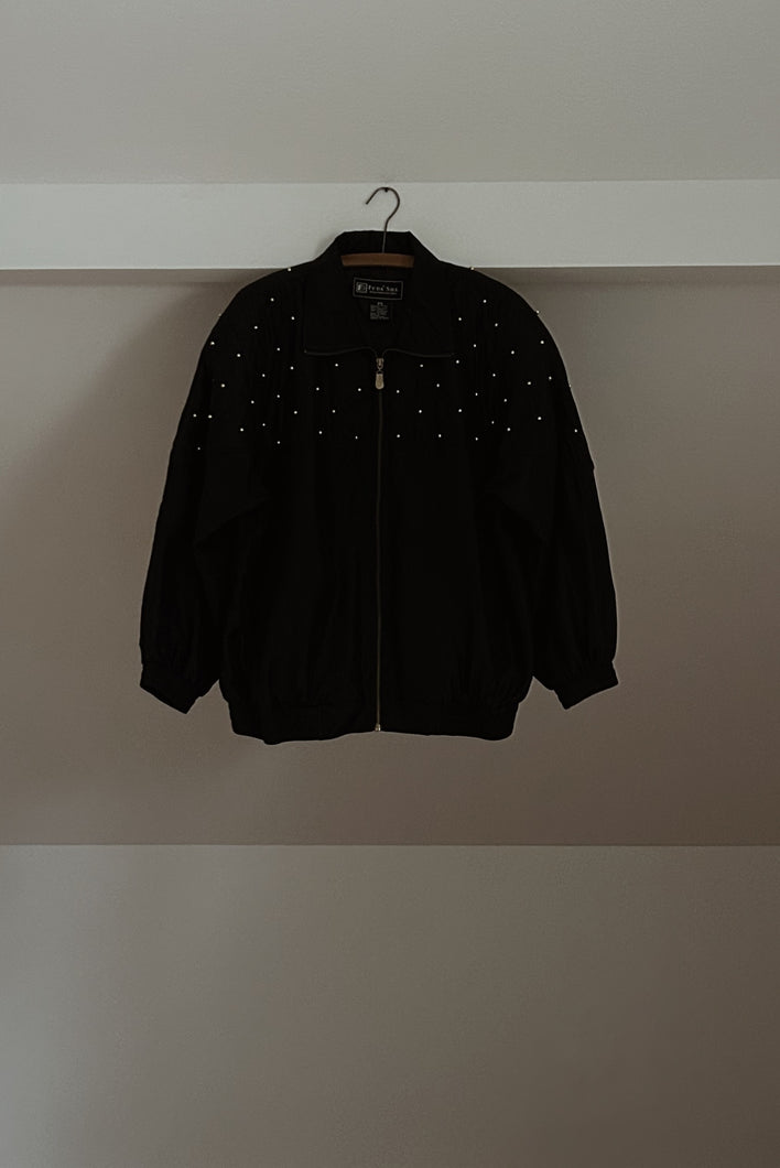 1990's PURE SILK OVERSIZED BLACK STUDDED BOMBER JACKET | SIZE L