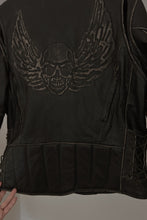 1990's DARK CHOCOLATE SKULL EMBOSSED HERITAGE LEATHER BIKER JACKET | SIZE L