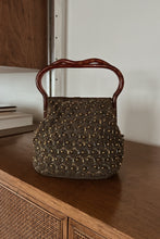 1960's GOLD BEADED OLIVE CORD KNIT BAG | LUCITE HANDLES | 8.5" x 6" x 3.5"
