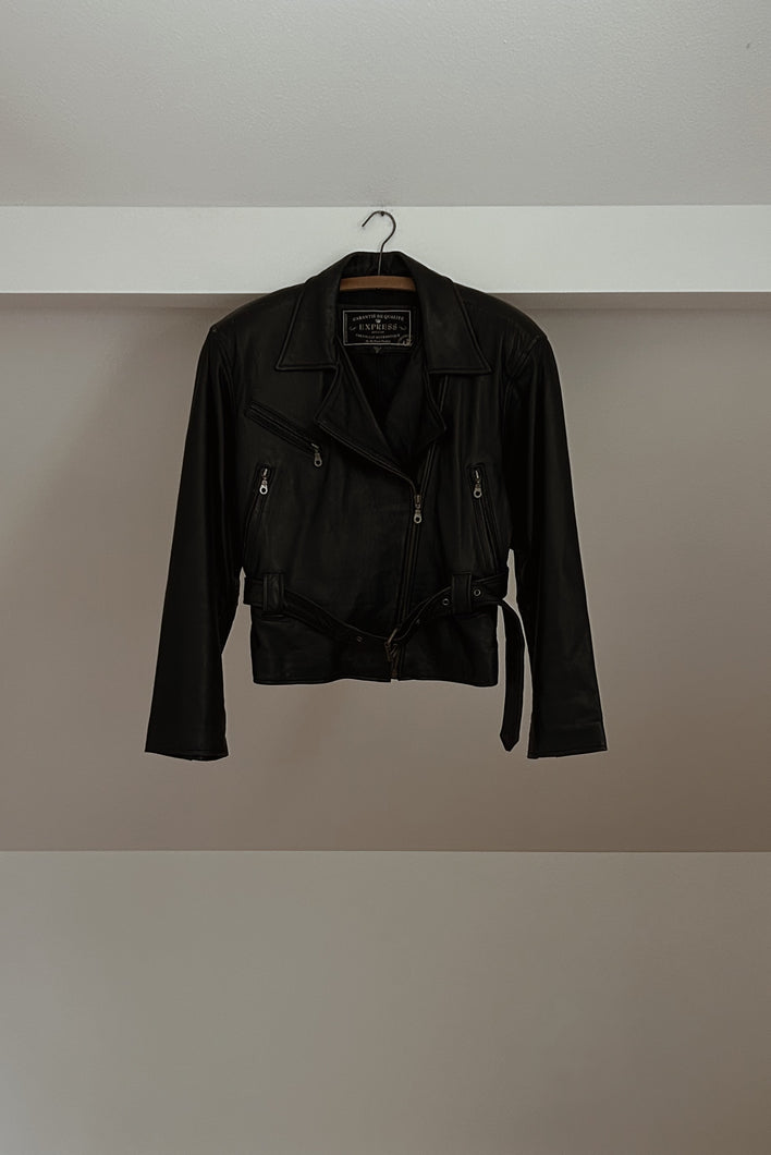 1990's EXPRESS BUTTERY BLACK LEATHER BELTED BIKER JACKET | SIZE S/M