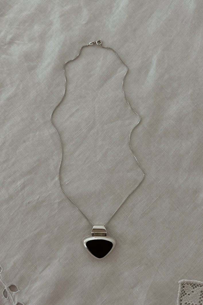 1980's CHUNKY STERLING + ONYX MODERNIST PENDANT ON STERLING CUBE CHAIN