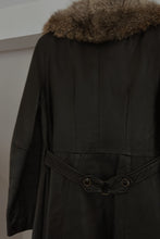 1960's MOD BLACK LEATHER TRENCH COAT | FUR COLLAR | SIZE S/M