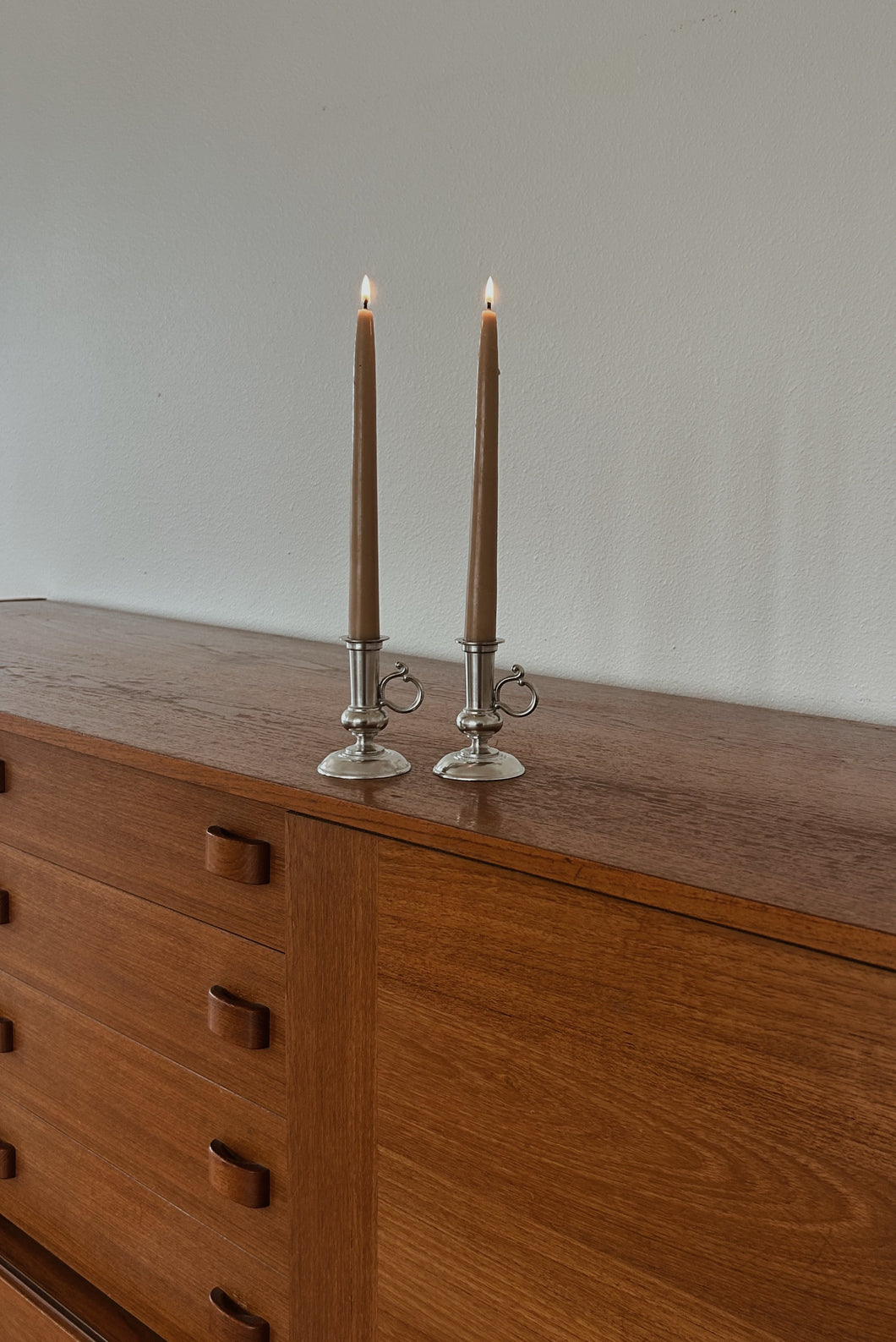 MID CENTURY PEWTER CANDLE HOLDERS | SET OF TWO