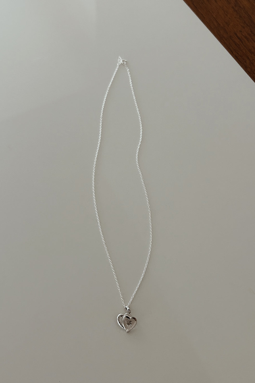 1980's STERLING ETCHED HEART + MELEE DIAMOND ON STERLING CHAIN