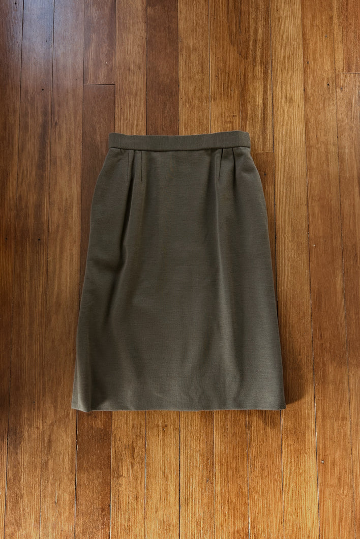 1970's BILL BLASS OLIVE WOOL MIDI SKIRT | SIZE S/M