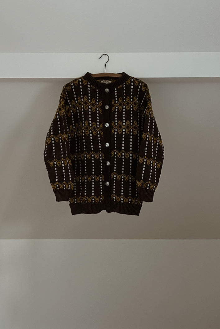 1960's HAND KNIT CHOCOLATE NORWEGIAN WOOL CARDIGAN | SIZE M