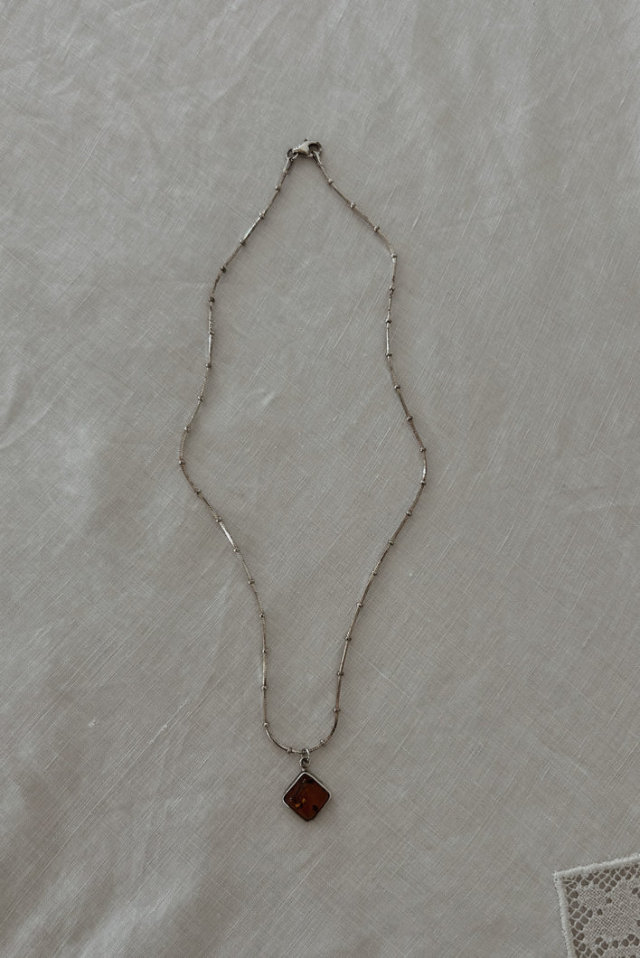 1970's STERLING + AMBER PENDANT ON 925 STERLING BALL CHAIN