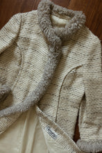 1950's ITALIAN GRID WOVEN WOOL + SHAG TRIM COAT | SIZE S
