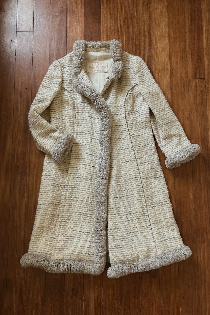 1950's ITALIAN GRID WOVEN WOOL + SHAG TRIM COAT | SIZE S