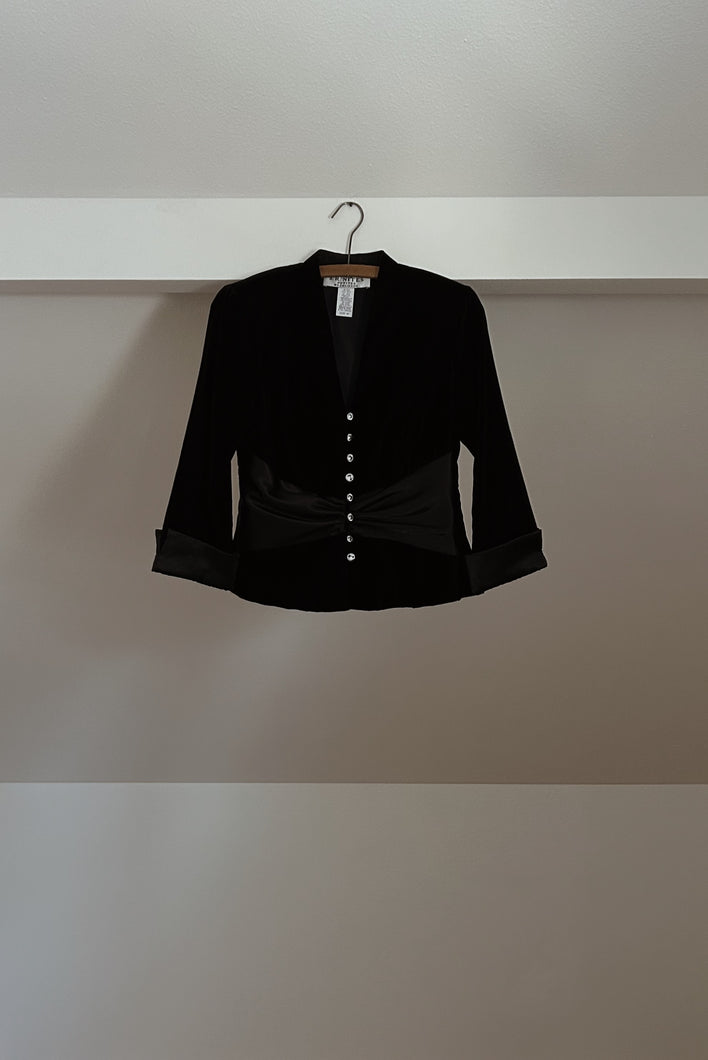 Y2K BLACK VELVET SATIN PLEAT EVENING JACKET | SIZE S