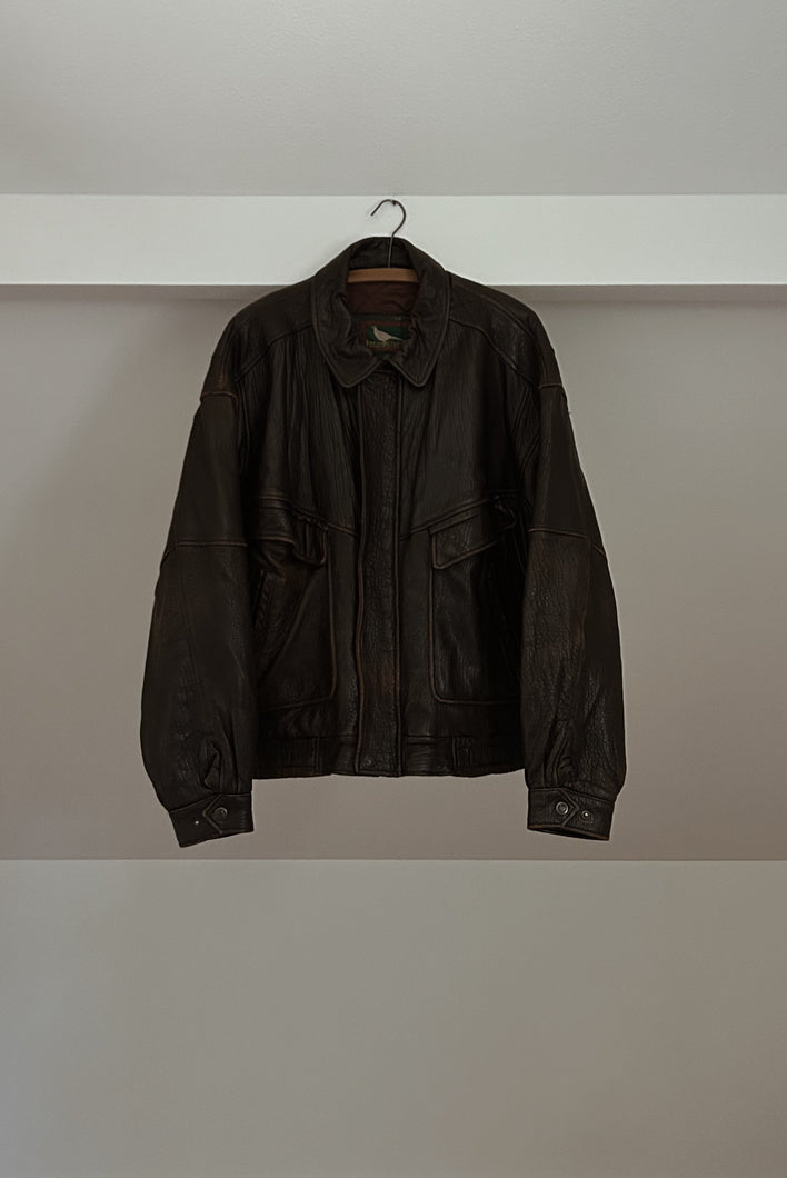 1990's CHOCOLATE PEBBLED LEATHER BOMBER | SIZE L