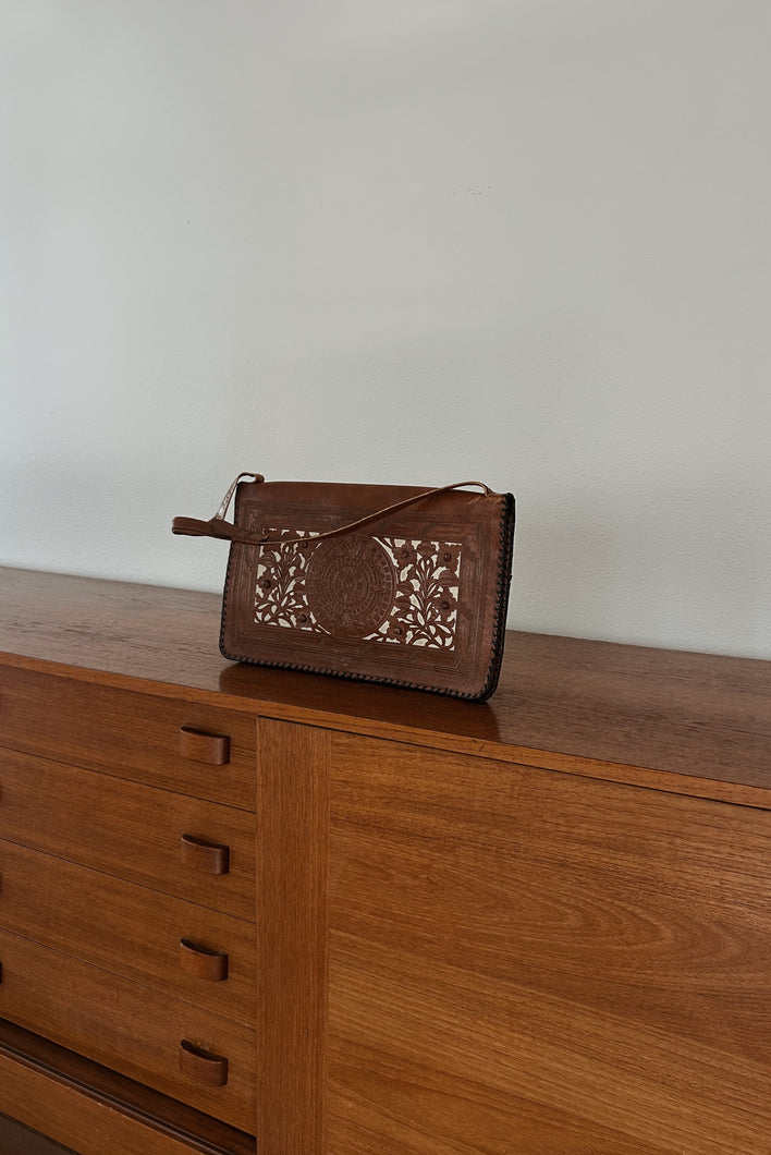 1960's TOOLED LEATHER CUT OUT BAG | INCLUDES TWO REMOVABLE WALLETS + NOTEPAD