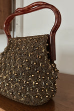 1960's GOLD BEADED OLIVE CORD KNIT BAG | LUCITE HANDLES | 8.5" x 6" x 3.5"