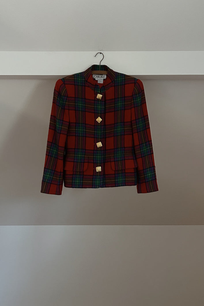1980's CARLISLE PLAID WOOL PEPLUM BLAZER | SIZE S